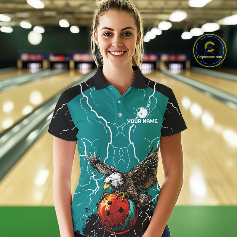 Thunder Lightning Storm Custom Eagle Bowling Shirts For Women Personalized Bowling Team Jersey |Teal TDM7578