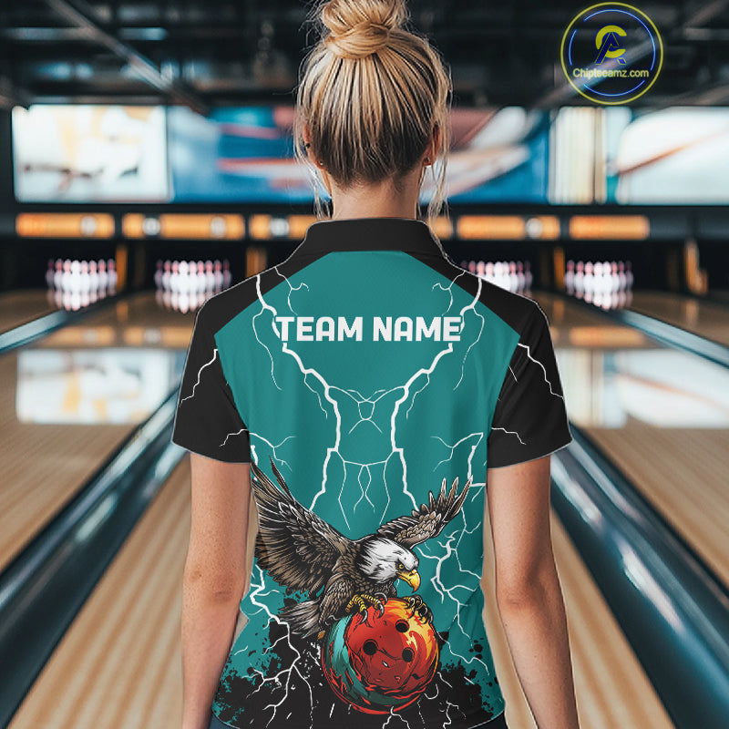 Thunder Lightning Storm Custom Eagle Bowling Shirts For Women Personalized Bowling Team Jersey |Teal TDM7578