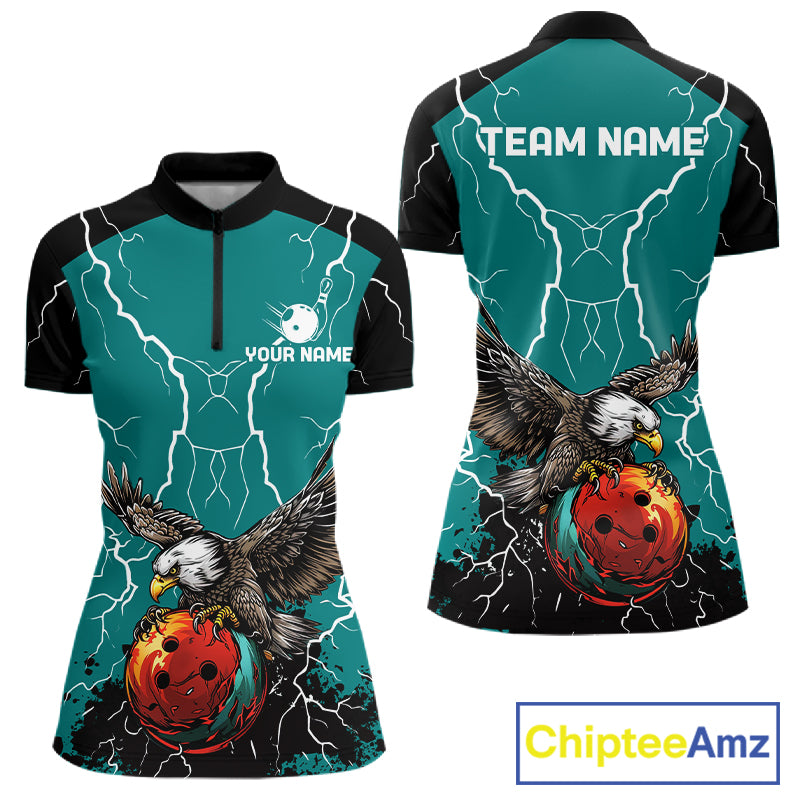 Thunder Lightning Storm Custom Eagle Bowling Shirts For Women Personalized Bowling Team Jersey |Teal TDM7578