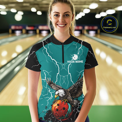 Thunder Lightning Storm Custom Eagle Bowling Shirts For Women Personalized Bowling Team Jersey |Teal TDM7578