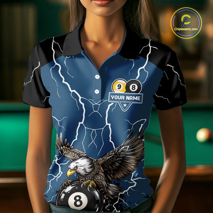 Blue 8 Ball 9 Ball Pool Lightning Storm Custom Eagle Billiard Shirts For Women Billiard Team Jersey TDM7581