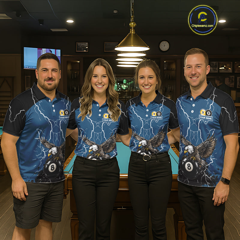Blue 8 Ball 9 Ball Pool Lightning Storm Custom Eagle Billiard Shirts For Men Billiard Team Jersey TDM7581