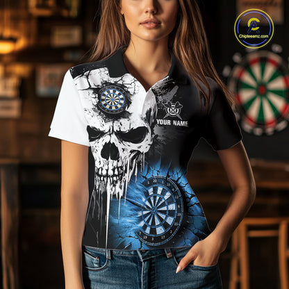 Personalized Grunge Skull Crack Wall Women Dart Shirts Custom Scary Darts League Team Jerseys |Blue TDM2785