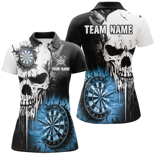 Personalized Grunge Skull Crack Wall Women Dart Shirts Custom Scary Darts League Team Jerseys |Blue TDM2785