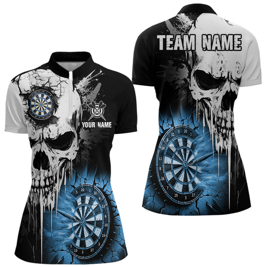 Personalized Grunge Skull Crack Wall Women Dart Shirts Custom Scary Darts League Team Jerseys |Blue TDM2785