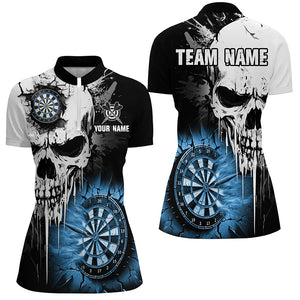 Personalized Grunge Skull Crack Wall Women Dart Shirts Custom Scary Darts League Team Jerseys |Blue TDM2785