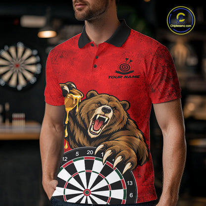 Red Grunge Funny Bear Darts Shirts For Men Custom Darts Team Jersey Polo & 1/4 Zip, Darts Gift TDM7926