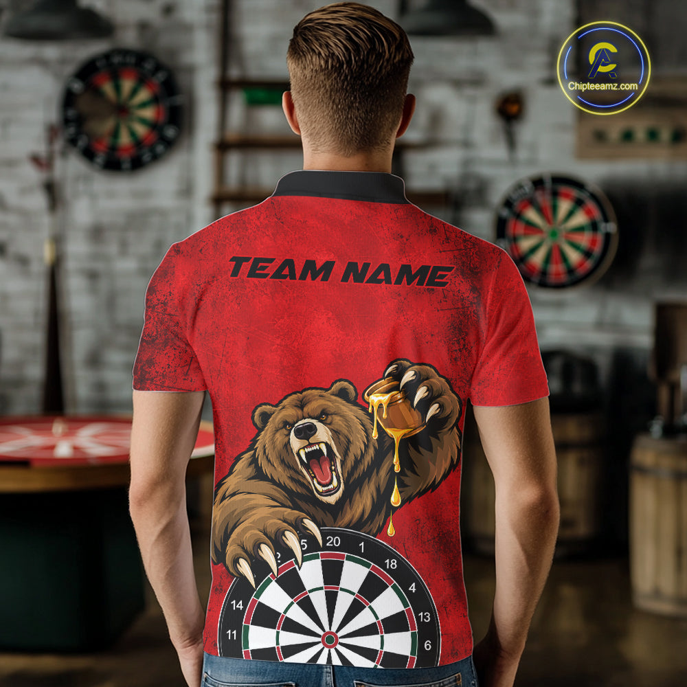 Red Grunge Funny Bear Darts Shirts For Men Custom Darts Team Jersey Polo & 1/4 Zip, Darts Gift TDM7926