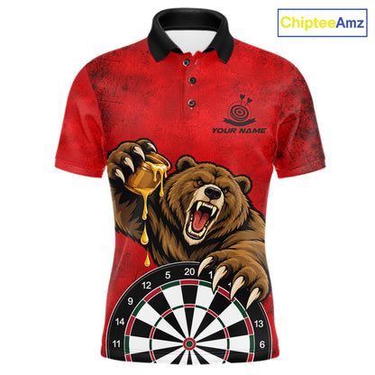 Red Grunge Funny Bear Darts Shirts For Men Custom Darts Team Jersey Polo & 1/4 Zip, Darts Gift TDM7926