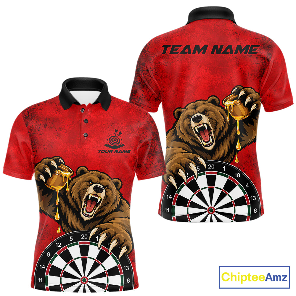 Red Grunge Funny Bear Darts Shirts For Men Custom Darts Team Jersey Polo & 1/4 Zip, Darts Gift TDM7926