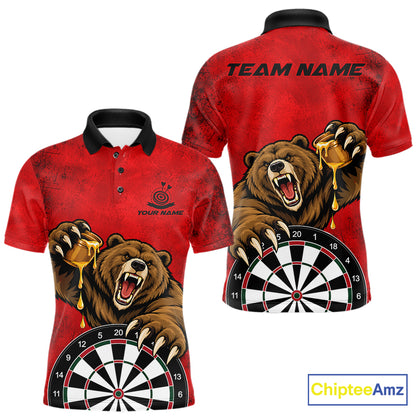 Red Grunge Funny Bear Darts Shirts For Men Custom Darts Team Jersey Polo & 1/4 Zip, Darts Gift TDM7926