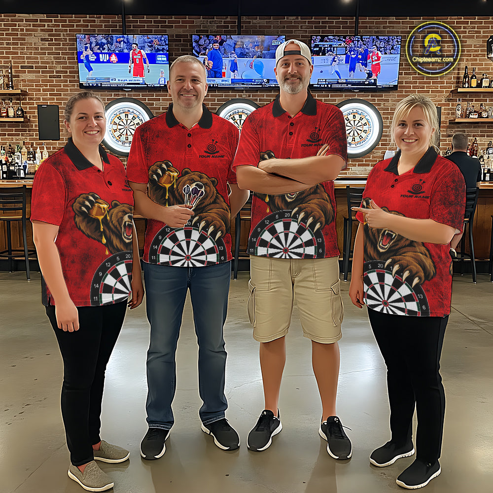 Red Grunge Funny Bear Darts Shirts For Men Custom Darts Team Jersey Polo & 1/4 Zip, Darts Gift TDM7926