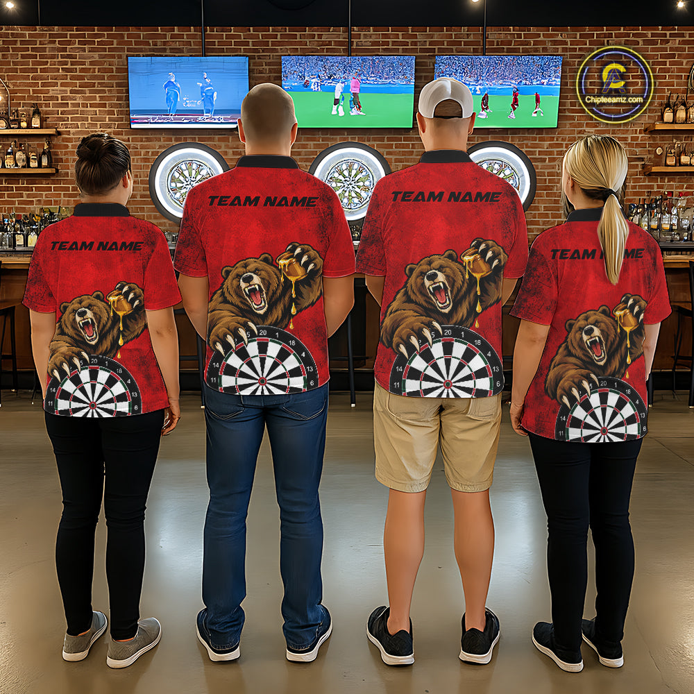 Red Grunge Funny Bear Darts Shirts For Men Custom Darts Team Jersey Polo & 1/4 Zip, Darts Gift TDM7926