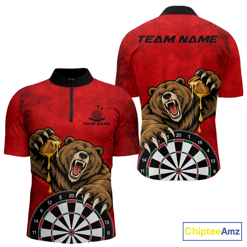 Red Grunge Funny Bear Darts Shirts For Men Custom Darts Team Jersey Polo & 1/4 Zip, Darts Gift TDM7926