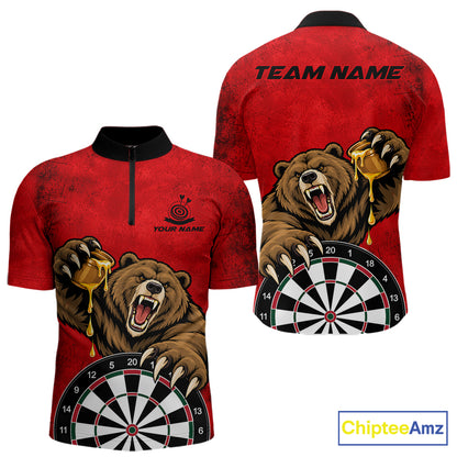 Red Grunge Funny Bear Darts Shirts For Men Custom Darts Team Jersey Polo & 1/4 Zip, Darts Gift TDM7926