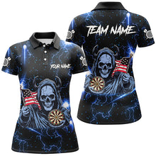 Load image into Gallery viewer, Blue Skull Thunder Lightning US Flag Custom Dart Shirts For Women, Darts League Team Jerseys TDM3017