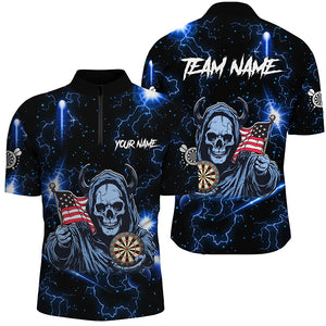 Blue Skull Thunder Lightning US Flag Custom Dart Shirts For Men, Darts League Team Jerseys TDM3017