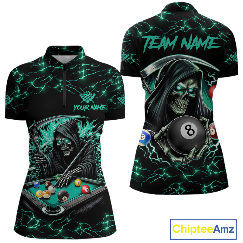Turquoise Funny Grim Reaper 8 Ball Pool Women Billiard Shirt Custom Lightning Billiard Team Jerseys TDM5239