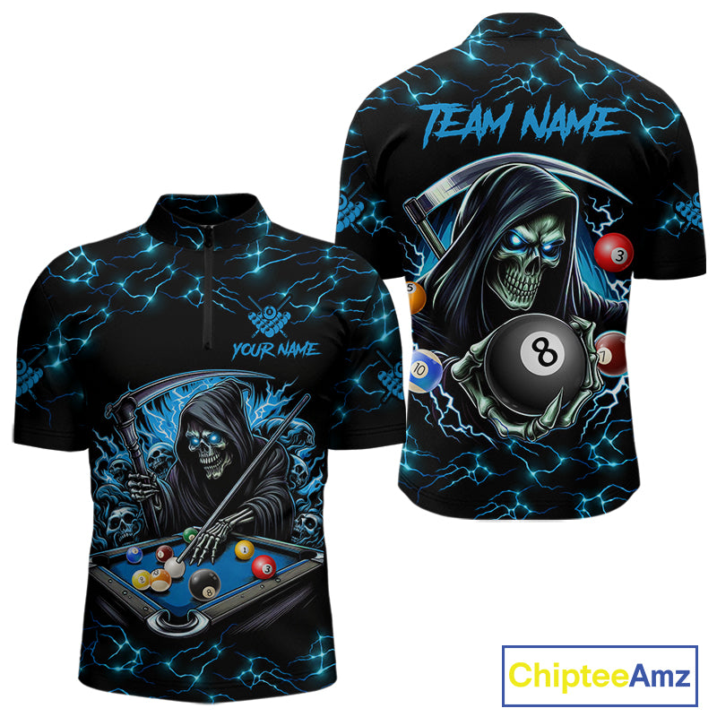 Blue Funny Grim Reaper 8 Ball Pool Men Billiard Shirts Custom Billiard Jersey Team Polo & 1/4 Zip TDM5240