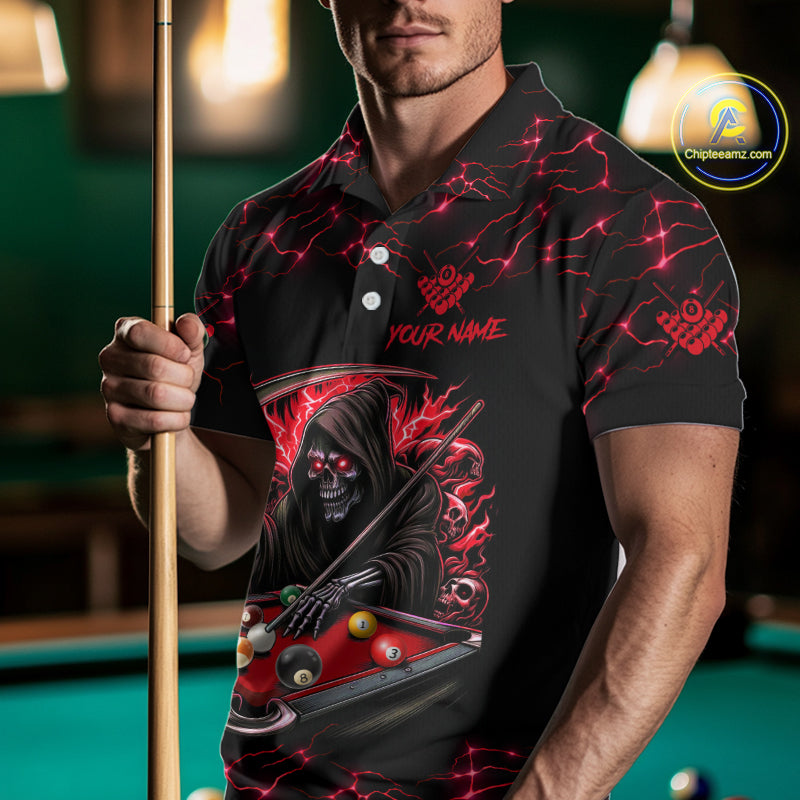 Red Funny Grim Reaper 8 Ball Pool Men Billiard Shirts Custom Billiard Jersey Team Polo & 1/4 Zip TDM5241