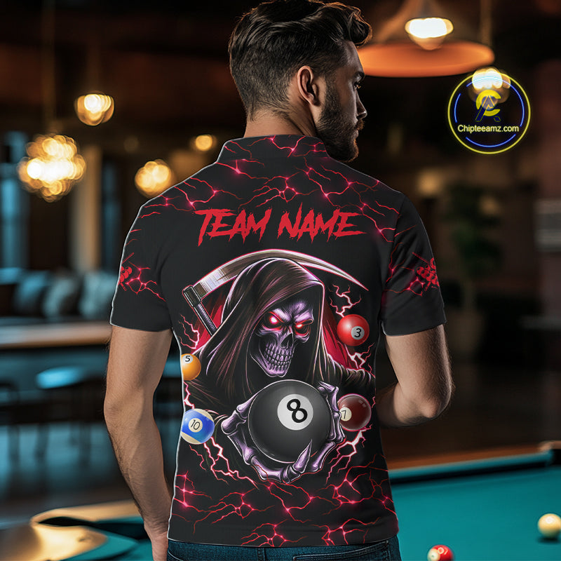 Red Funny Grim Reaper 8 Ball Pool Men Billiard Shirts Custom Billiard Jersey Team Polo & 1/4 Zip TDM5241