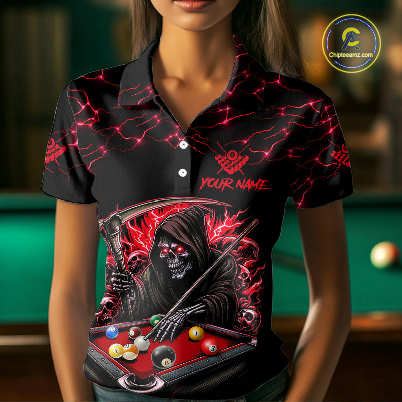 Red Funny Grim Reaper 8 Ball Pool Women Billiard Shirts Custom Billiard Jersey Team Polo & 1/4 Zip TDM5241