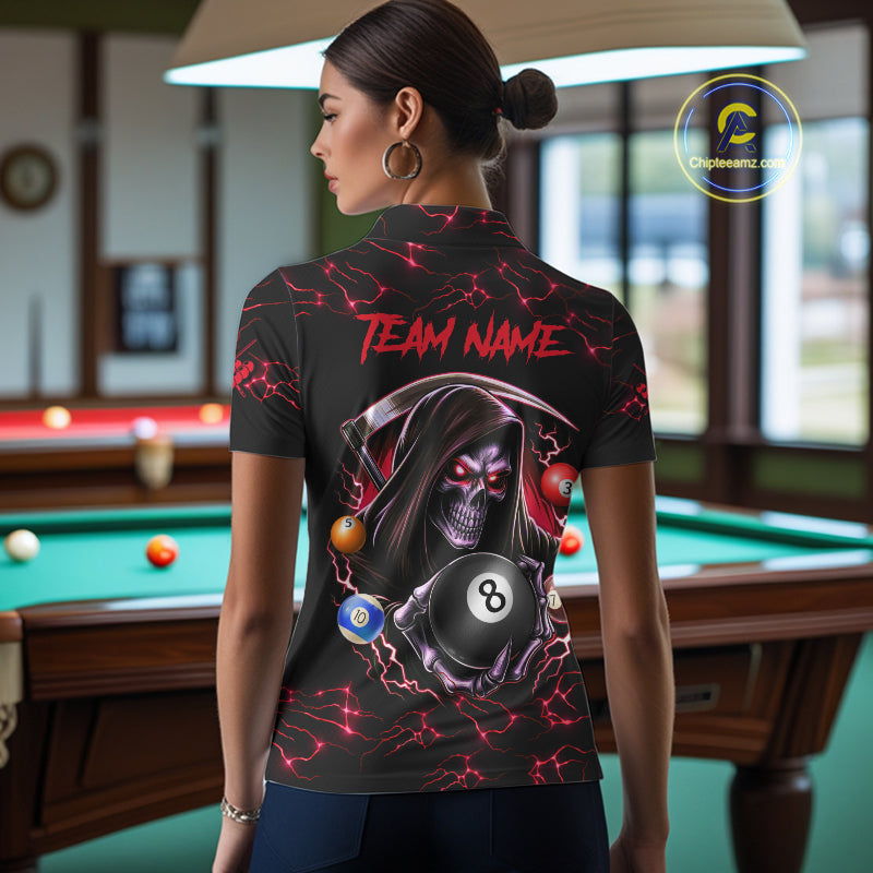 Red Funny Grim Reaper 8 Ball Pool Women Billiard Shirts Custom Billiard Jersey Team Polo & 1/4 Zip TDM5241