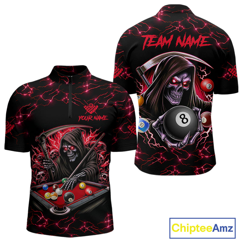 Red Funny Grim Reaper 8 Ball Pool Men Billiard Shirts Custom Billiard Jersey Team Polo & 1/4 Zip TDM5241