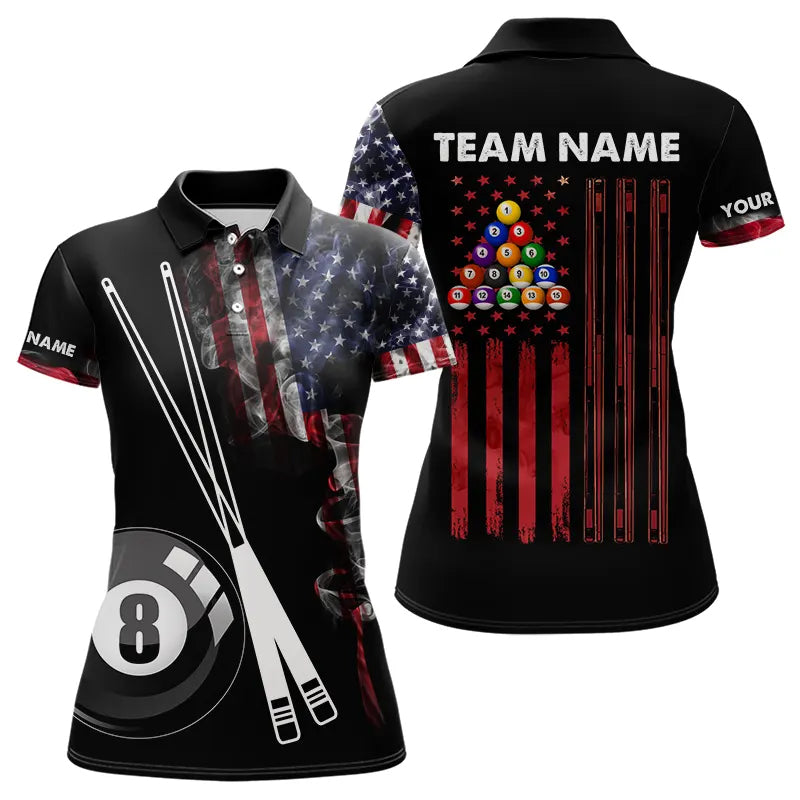 American Flag Smoke 8 Ball Pool Billiard Shirt For Women Custom Patriotic Billiard Team Jersey TDM3449