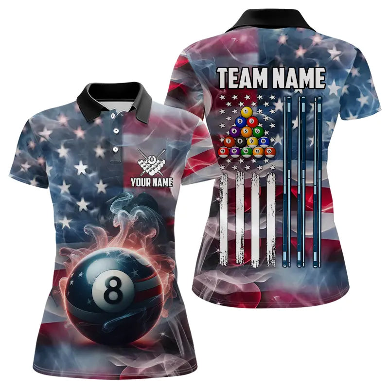 Personalized Smoke USA 8 Ball Pool Billiard Shirts For Women, Patriotic American Team Billiard Jersey TDM3602