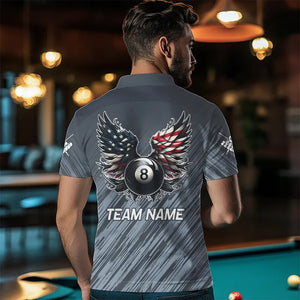 Personalized Funny 8 Ball Wings US Flag Grey Billiard Shirts For Men, Patriotic Billiard Jerseys TDM3603