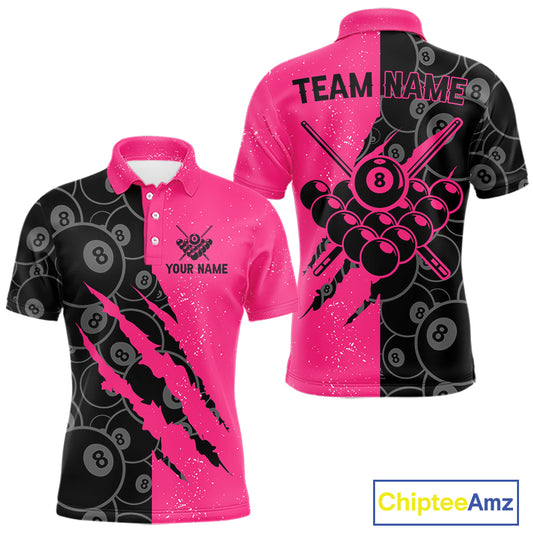 Custom Grunge Pink Black 8 Ball Pool Billiard Shirt For Men, Billiard Team Jersey Polo & 1/4 Zip TDM5960