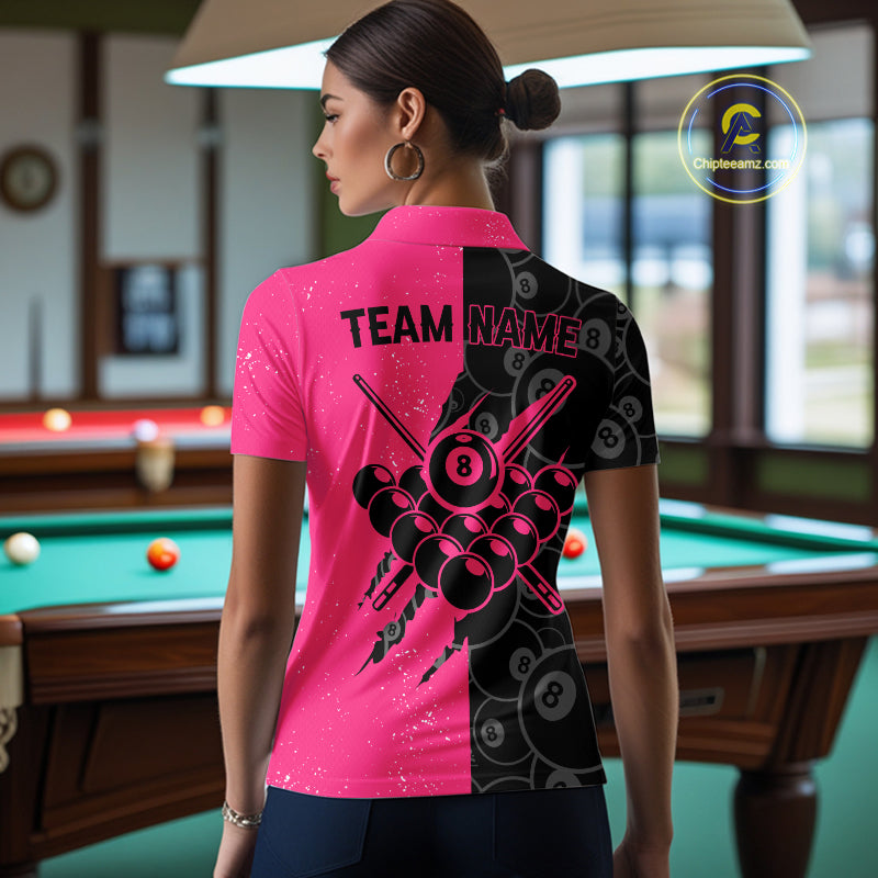 Custom Grunge Pink Black 8 Ball Pool Billiard Shirt For Women, Billiard Team Jersey Polo & 1/4 Zip TDM5960