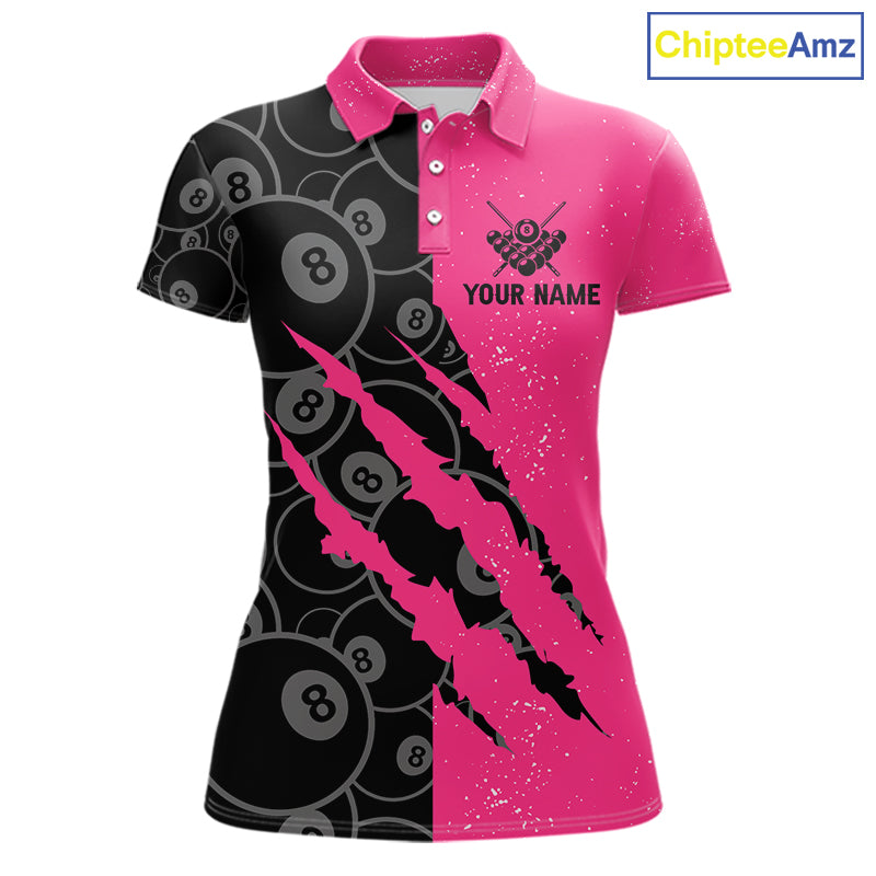 Custom Grunge Pink Black 8 Ball Pool Billiard Shirt For Women, Billiard Team Jersey Polo & 1/4 Zip TDM5960