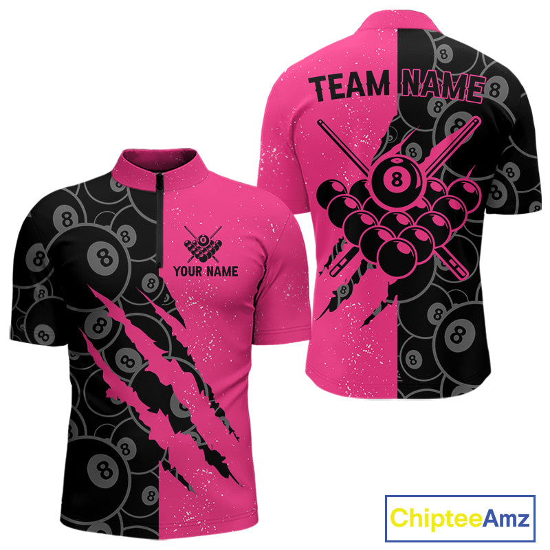 Custom Grunge Pink Black 8 Ball Pool Billiard Shirt For Men, Billiard Team Jersey Polo & 1/4 Zip TDM5960