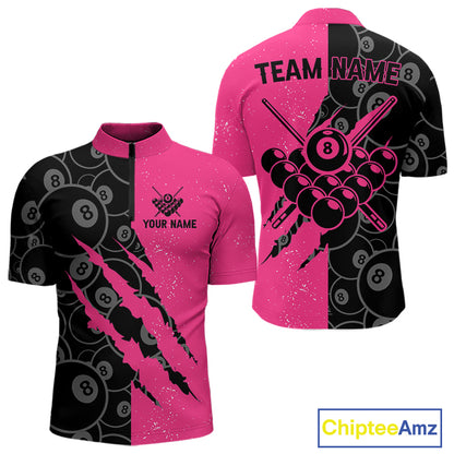 Custom Grunge Pink Black 8 Ball Pool Billiard Shirt For Men, Billiard Team Jersey Polo & 1/4 Zip TDM5960