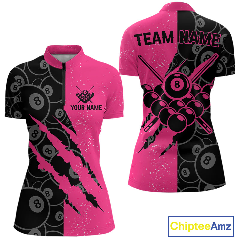 Custom Grunge Pink Black 8 Ball Pool Billiard Shirt For Women, Billiard Team Jersey Polo & 1/4 Zip TDM5960