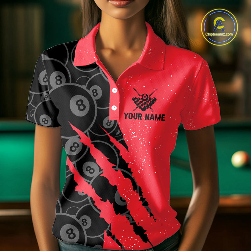 Custom Grunge Black And Red  8 Ball Billiard Shirt For Women, Pool Team Jersey Polo & 1/4 Zip TDM5961