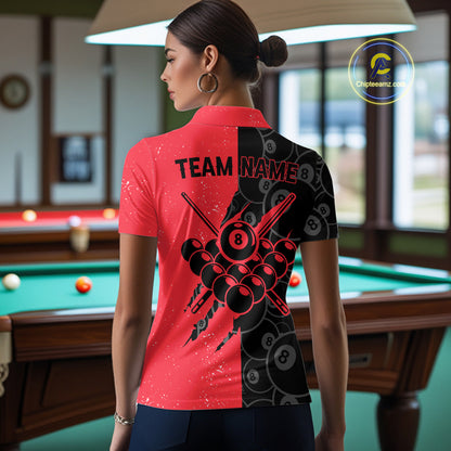 Custom Grunge Black And Red  8 Ball Billiard Shirt For Women, Pool Team Jersey Polo & 1/4 Zip TDM5961