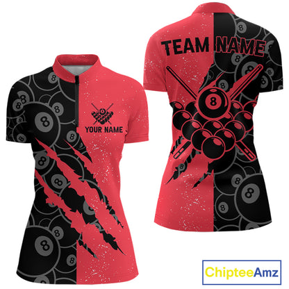 Custom Grunge Black And Red  8 Ball Billiard Shirt For Women, Pool Team Jersey Polo & 1/4 Zip TDM5961