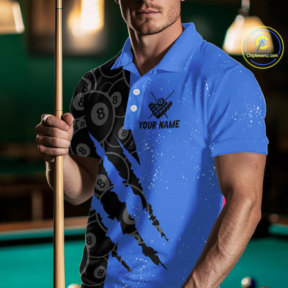 Custom Grunge Black And Blue 8 Ball Billiard Shirt For Men, Pool Team Jersey Polo & 1/4 Zip TDM5962