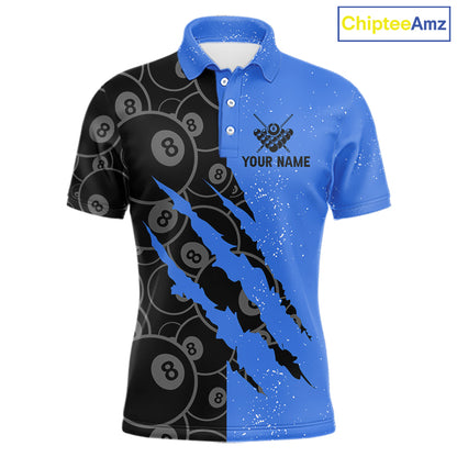 Custom Grunge Black And Blue 8 Ball Billiard Shirt For Men, Pool Team Jersey Polo & 1/4 Zip TDM5962