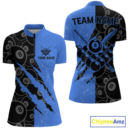Custom Grunge Black And Blue 8 Ball Billiard Shirt For Women, Pool Team Jersey Polo & 1/4 Zip TDM5962