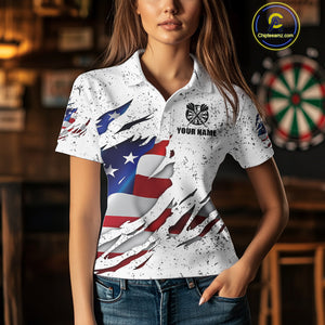 White Grunge US Flag Darts Shirt With Pocket For Women Custom Darts Jersey TDM3211