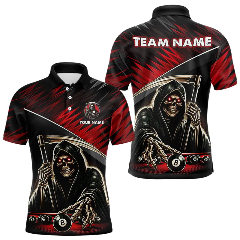 Red Grim Reaper 8 Ball Pool Billiard Shirts For Men Custom Billiard Team Jerseys Polo & 1/4 Zip TDM3760