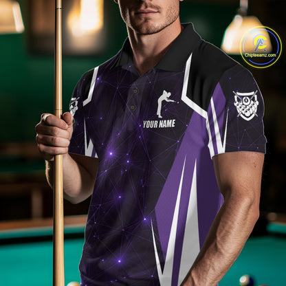 Custom 8 Ball Pool Billiard Shirt For Men, Purple Geometric Billiard Team Jersey Polo & 1/4 Zip TDM6129