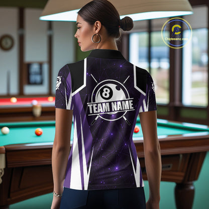 Custom 8 Ball Pool Billiard Shirt For Women, Purple Geometric Billiard Team Jersey Polo & 1/4 Zip TDM6129