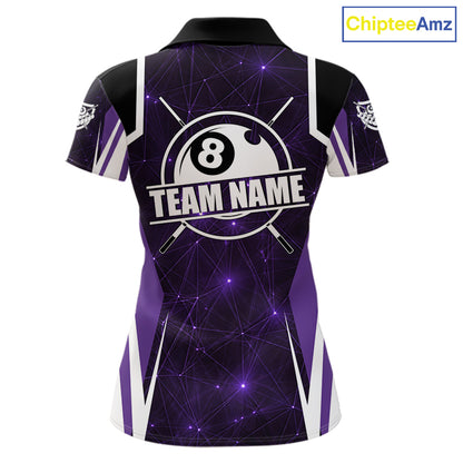 Custom 8 Ball Pool Billiard Shirt For Women, Purple Geometric Billiard Team Jersey Polo & 1/4 Zip TDM6129