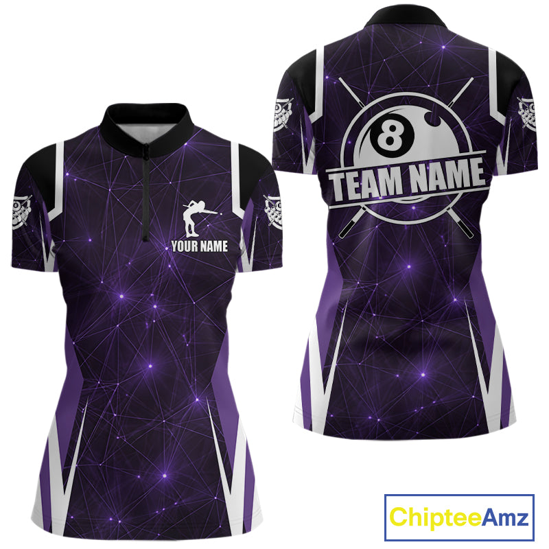 Custom 8 Ball Pool Billiard Shirt For Women, Purple Geometric Billiard Team Jersey Polo & 1/4 Zip TDM6129