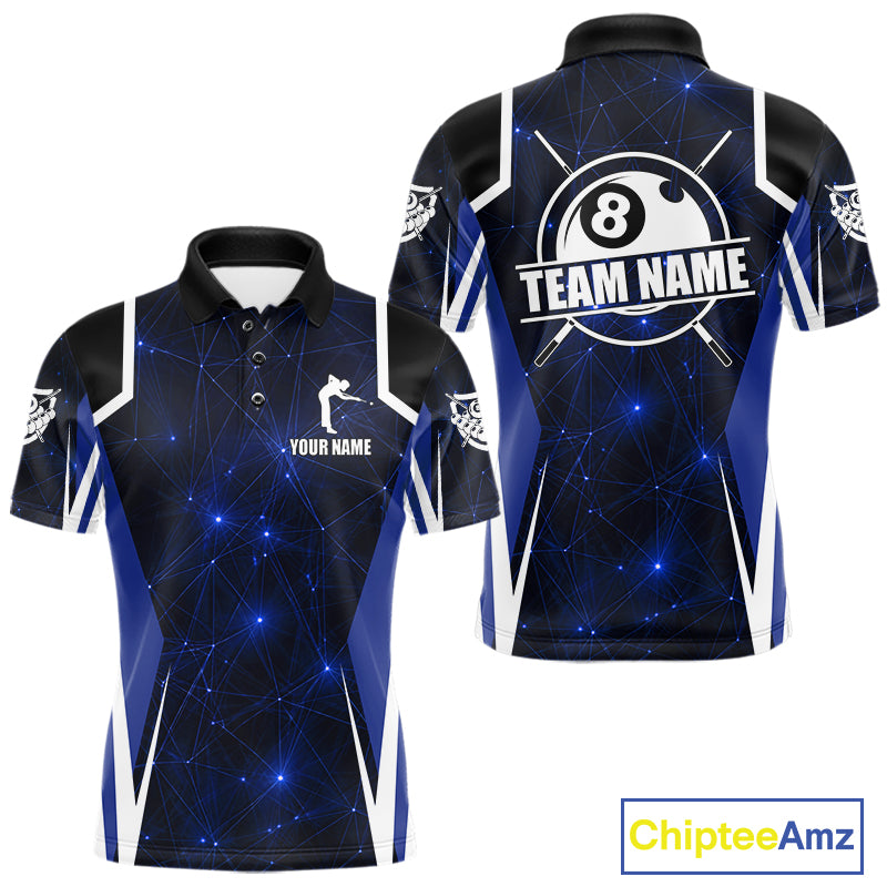 Custom 8 Ball Pool Billiard Shirt For Men, Blue Geometric Billiard Team Jersey Polo & 1/4 Zip TDM6130